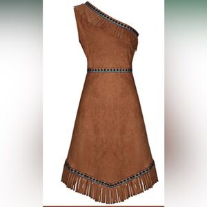 Native Costume Indian Tan One-Shoulder Fringe Dress